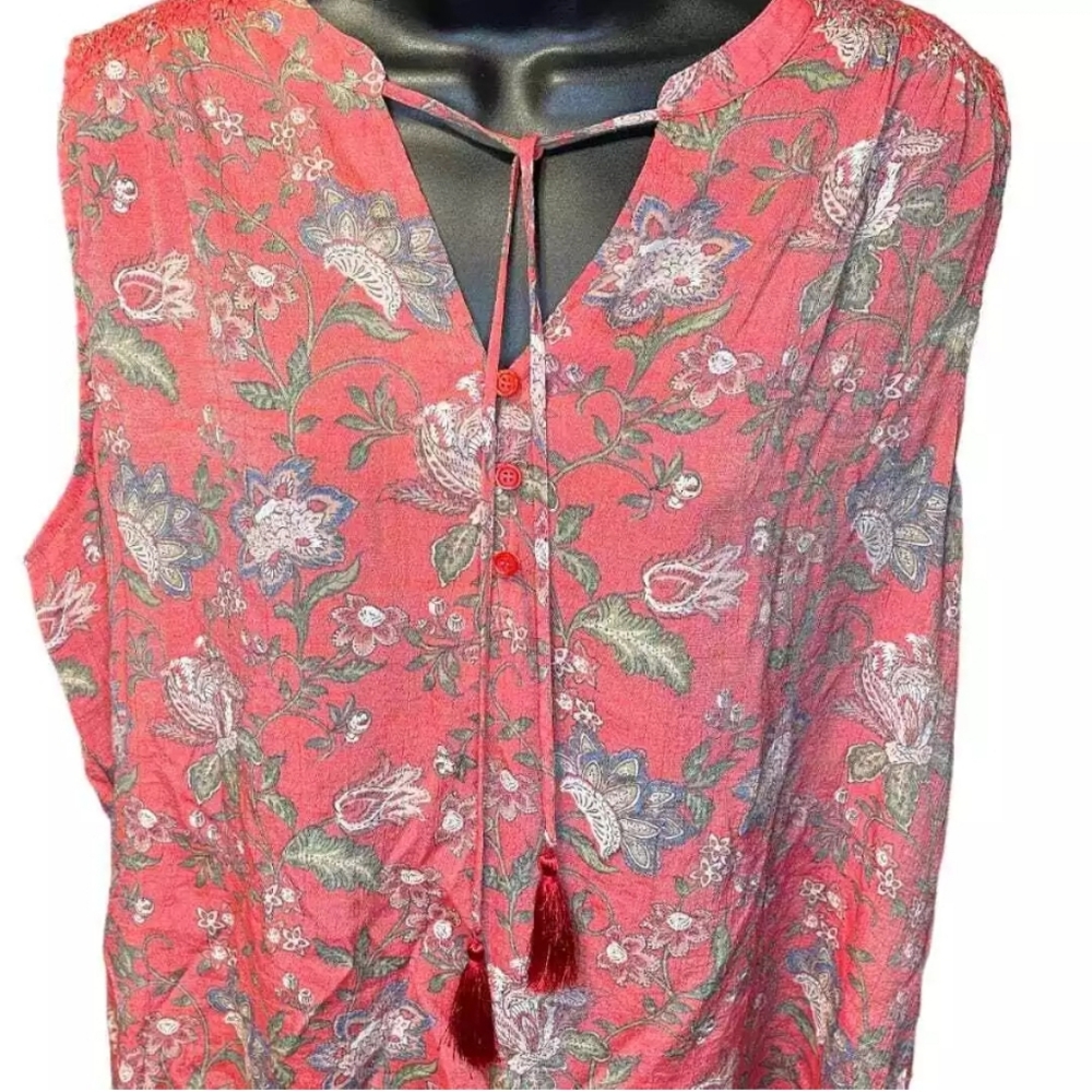 St Johns Bay Red Rayon Tasseled Boho Paisley Sleeveless Blouse Sz XXL
